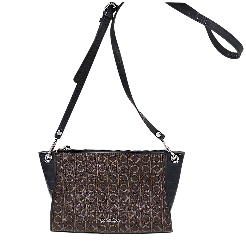 Garnet Signature Top Zipper Adjustable Crossbody Bag Monogram Black Brown Modern